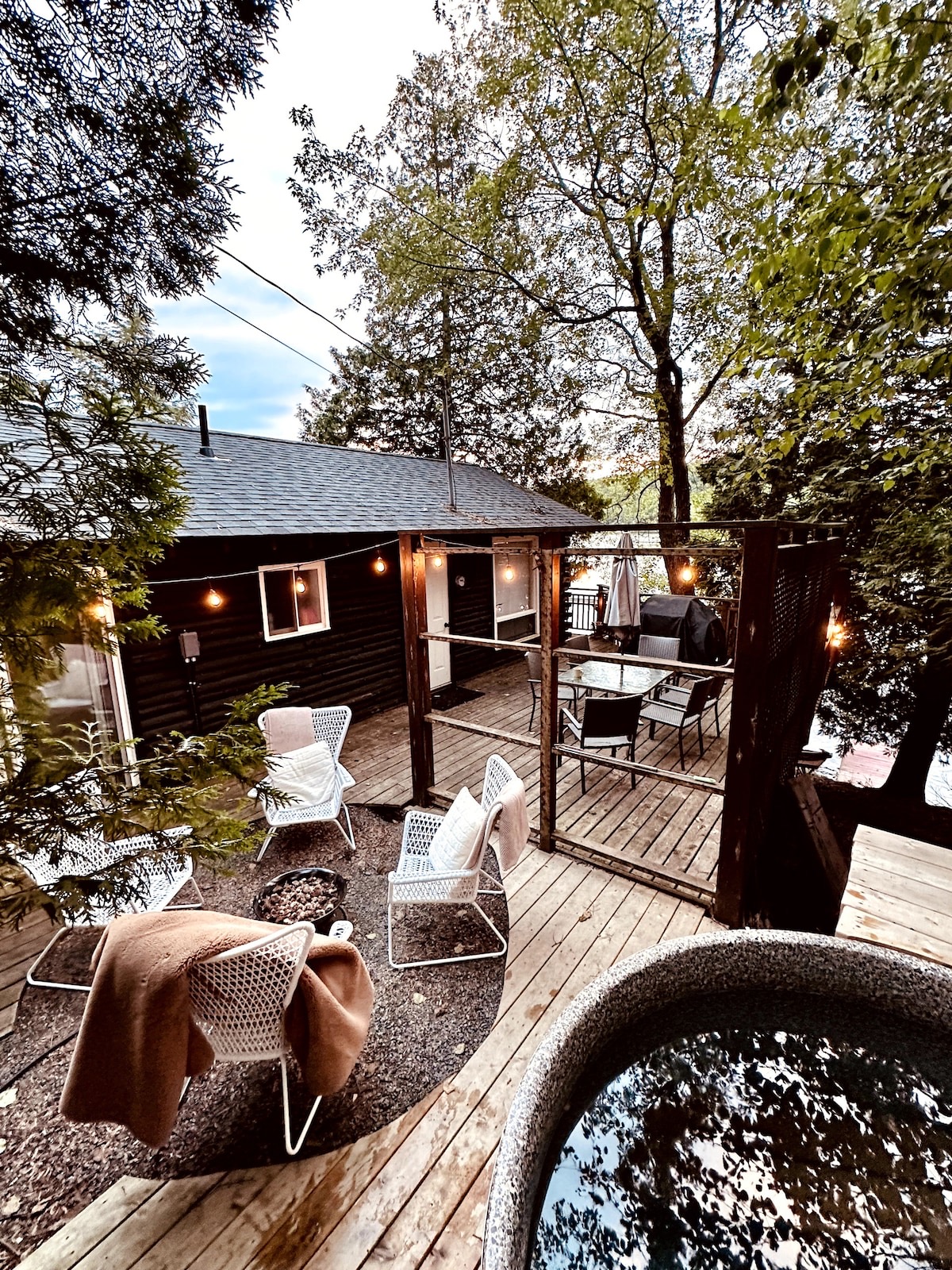 The deck at The Water’s Edge at dusk
